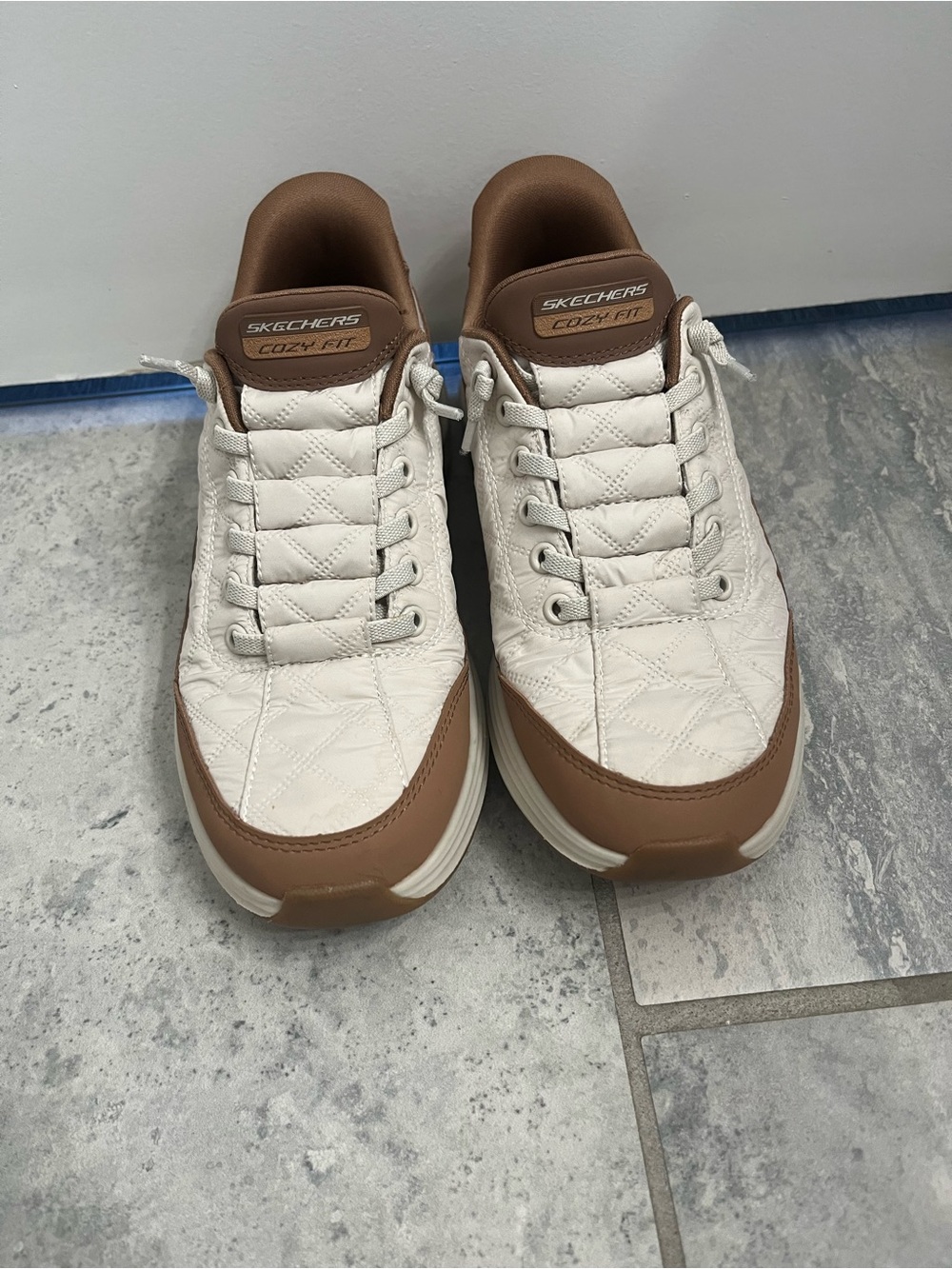 Skechers Women's Cozy Fit Quilted Sneakers in tan and mustard